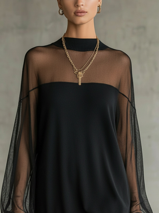 Andrea | Minivestido negro, mangas de rejilla transparente, cuello alto