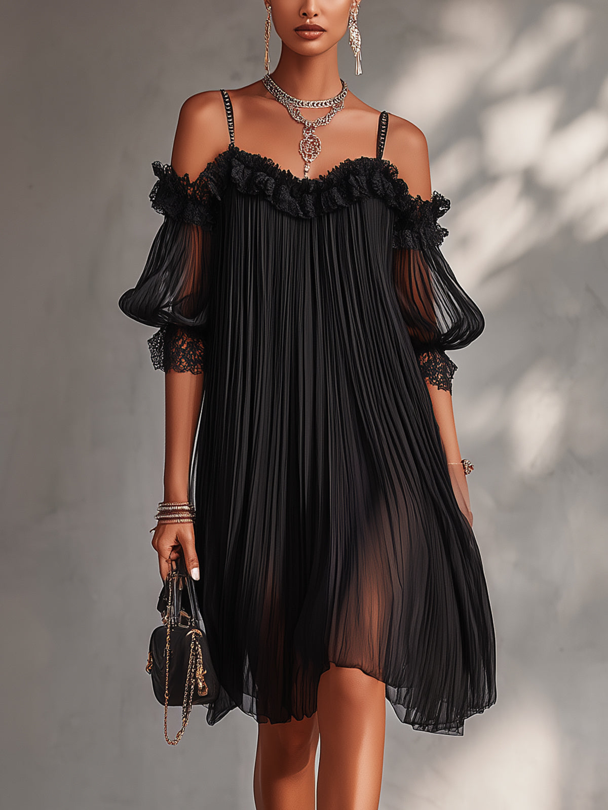 Laura | Minivestido negro, hombros al aire, ribete de encaje