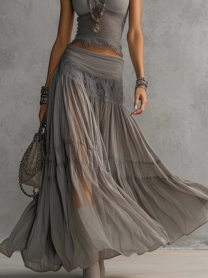 Top gris transparente con paneles de encaje y conjunto de falda