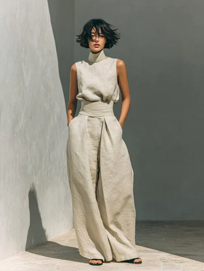 Flor | Conjunto minimalista de top y pantalones de pierna ancha de algodón y lino para mujer
