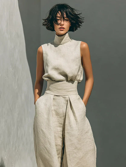 Flor | Conjunto minimalista de top y pantalones de pierna ancha de algodón y lino para mujer