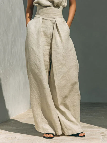 Flor | Conjunto minimalista de top y pantalones de pierna ancha de algodón y lino para mujer