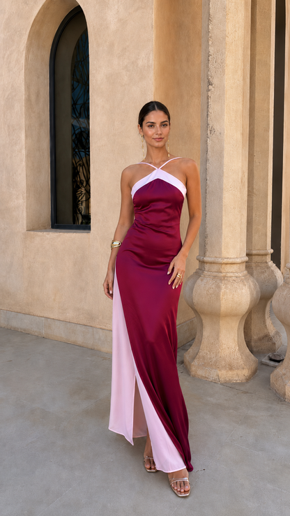 Vestido Largo de Satén con Escote Halter