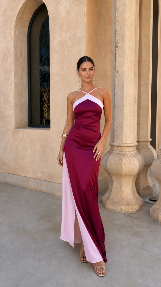 Vestido Largo de Satén con Escote Halter