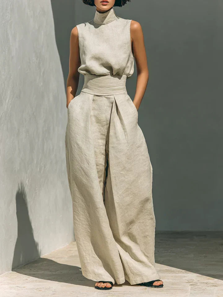 Flor | Conjunto minimalista de top y pantalones de pierna ancha de algodón y lino para mujer