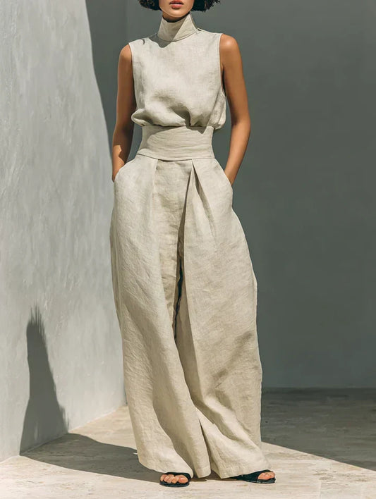 Flor | Conjunto minimalista de top y pantalones de pierna ancha de algodón y lino para mujer