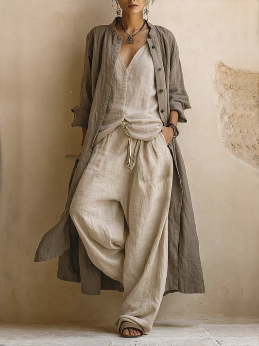 Donatella · Conjunto informal: cárdigan largo, top sin mangas y pantalones de estilo bohemio