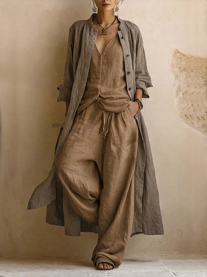 Donatella · Conjunto informal: cárdigan largo, top sin mangas y pantalones de estilo bohemio