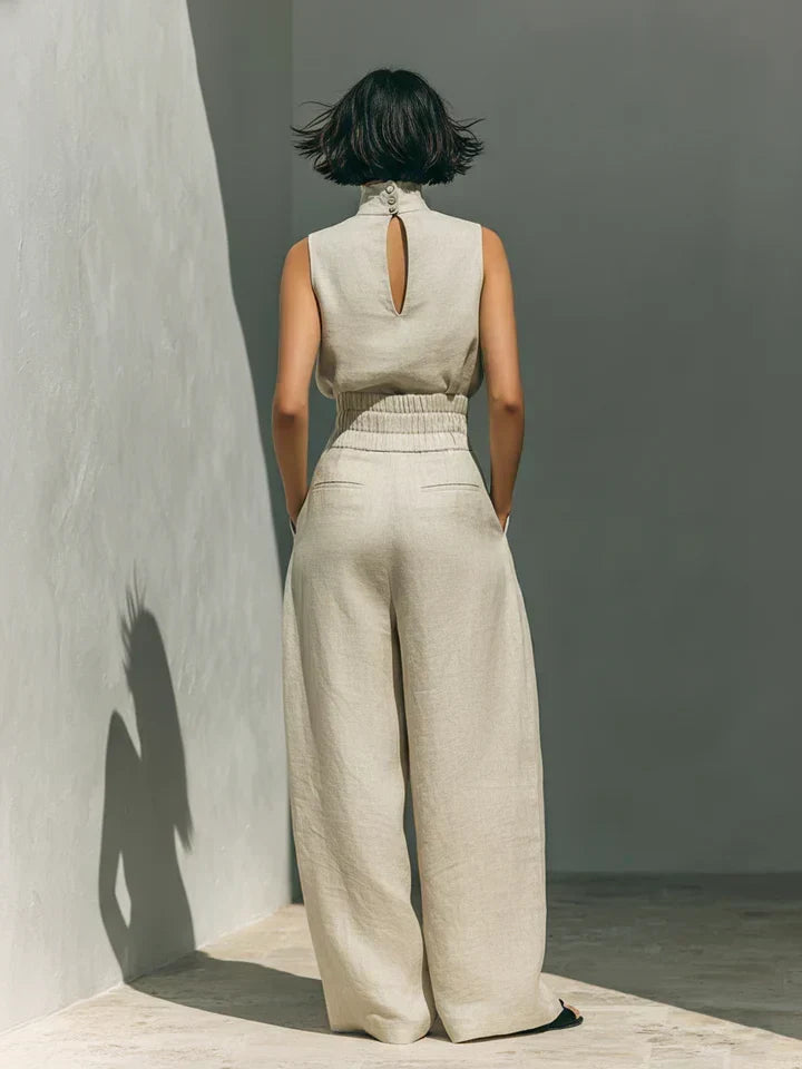 Flor | Conjunto minimalista de top y pantalones de pierna ancha de algodón y lino para mujer