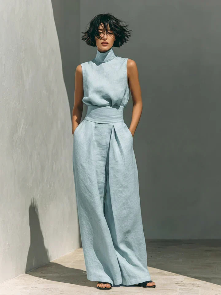 Flor | Conjunto minimalista de top y pantalones de pierna ancha de algodón y lino para mujer