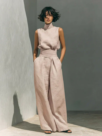 Flor | Conjunto minimalista de top y pantalones de pierna ancha de algodón y lino para mujer