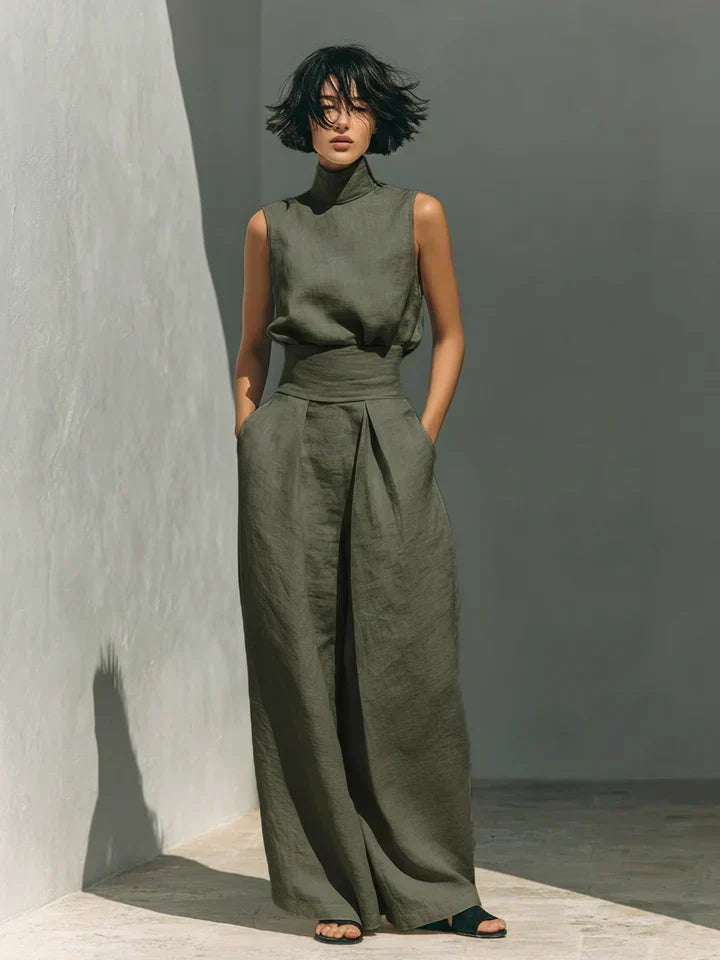 Flor | Conjunto minimalista de top y pantalones de pierna ancha de algodón y lino para mujer