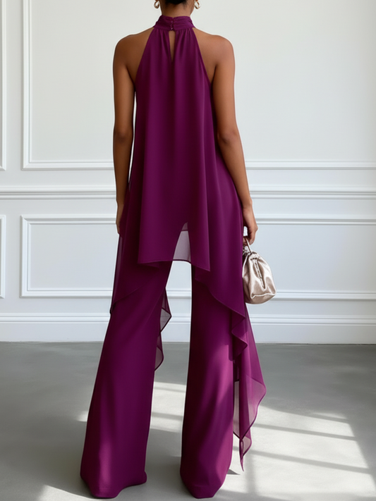 Top elegante sin mangas morado con pantalones