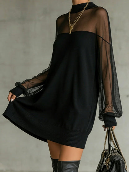 Andrea | Minivestido negro, mangas de rejilla transparente, cuello alto