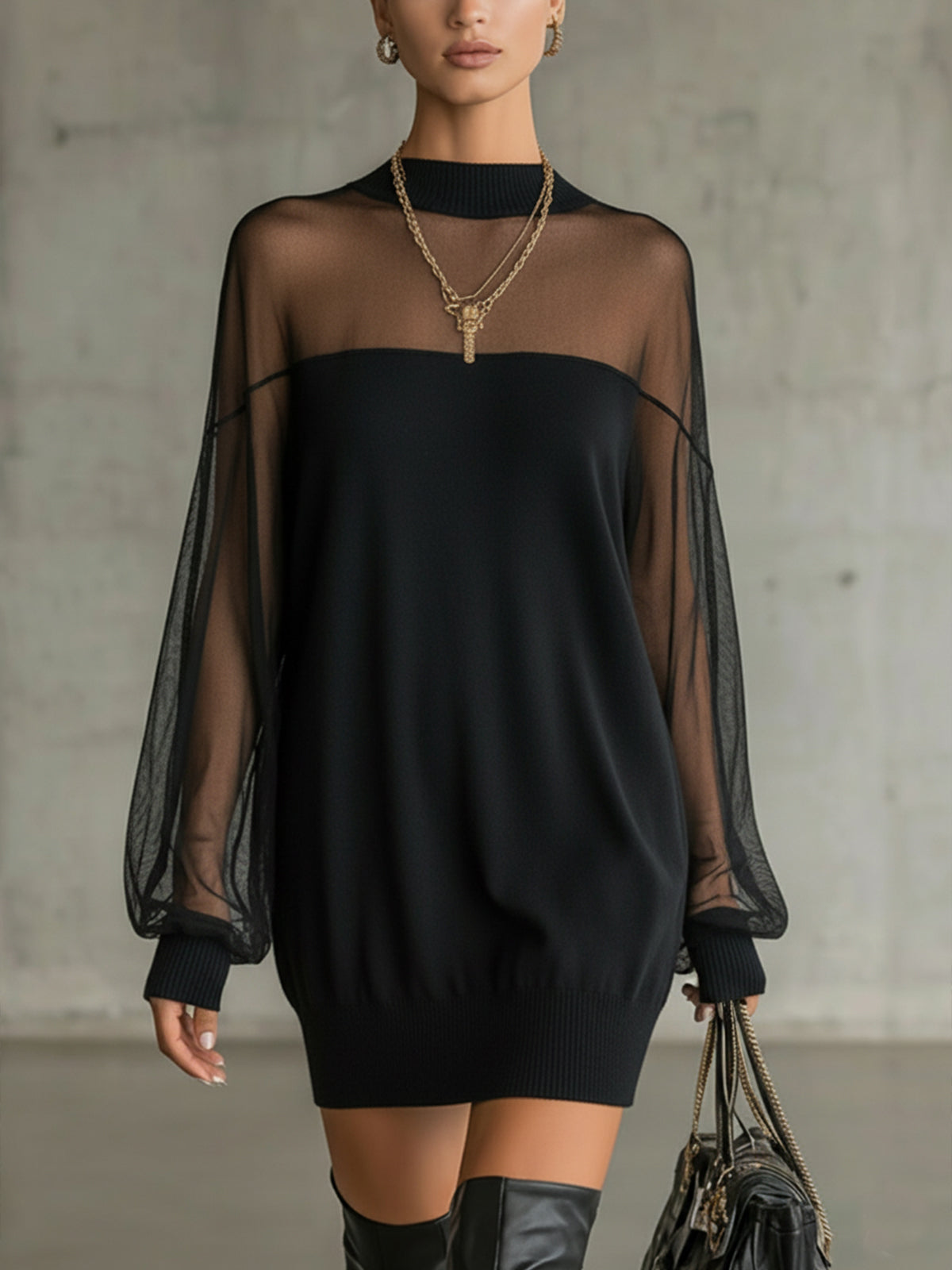 Andrea | Minivestido negro, mangas de rejilla transparente, cuello alto