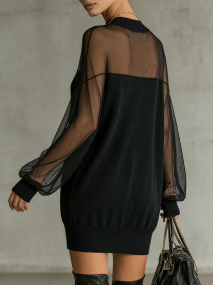 Andrea | Minivestido negro, mangas de rejilla transparente, cuello alto