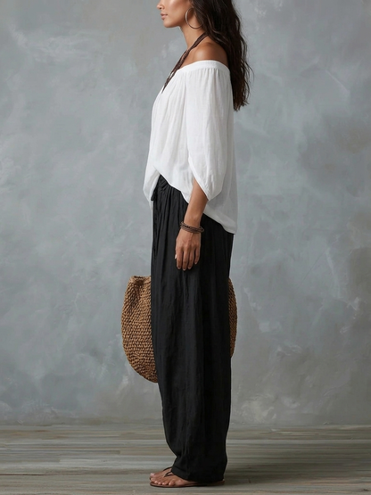 Top Bianco Off-the-Shoulder e Set di Pantaloni Lantern Larghi